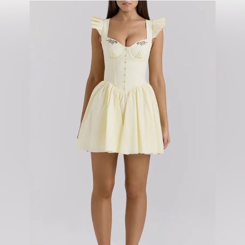 HOUSE OF CB 'Sisi' Lemon Cotton
Embroidered Mini Dress